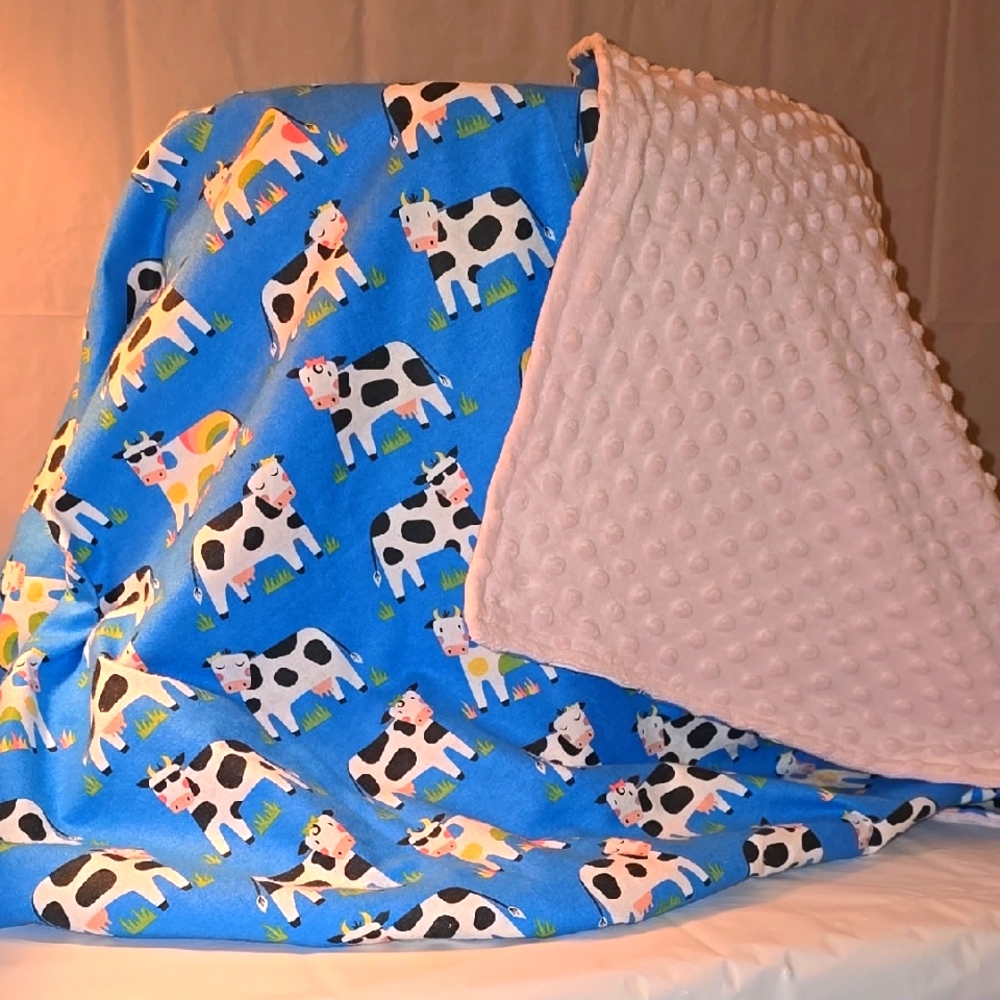 Blue Cow Print Flannel And Minky Fleece Pink Dot Baby Blanket